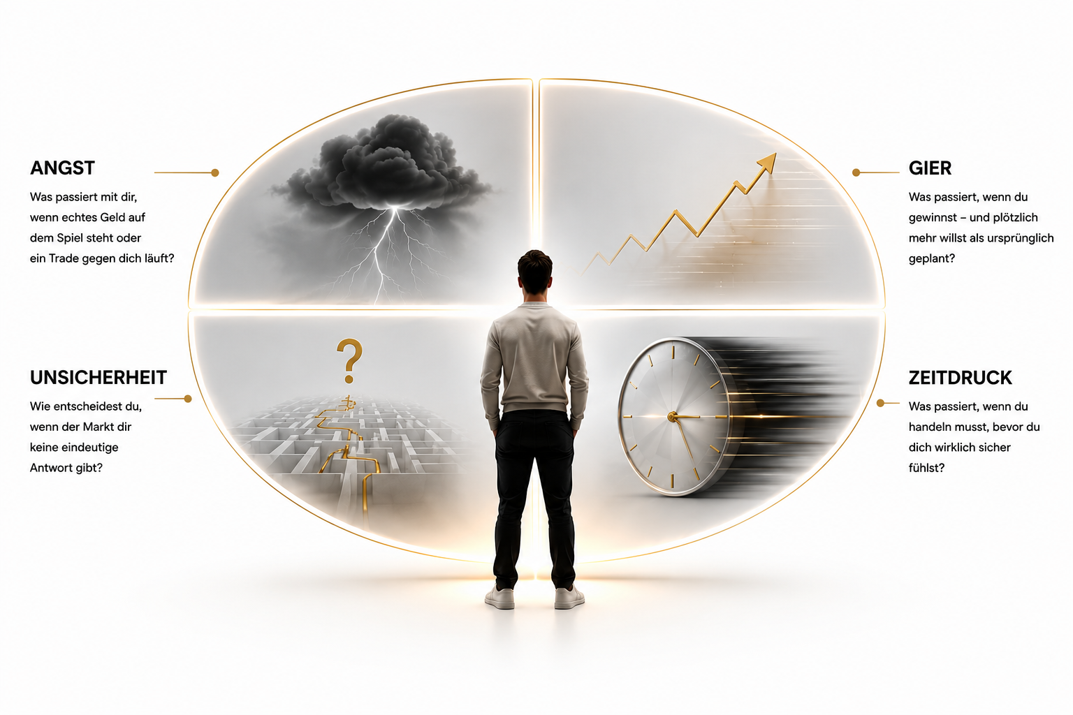 Vier typische Trading-Situationen: Angst, Gier, Unsicherheit und Zeitdruck